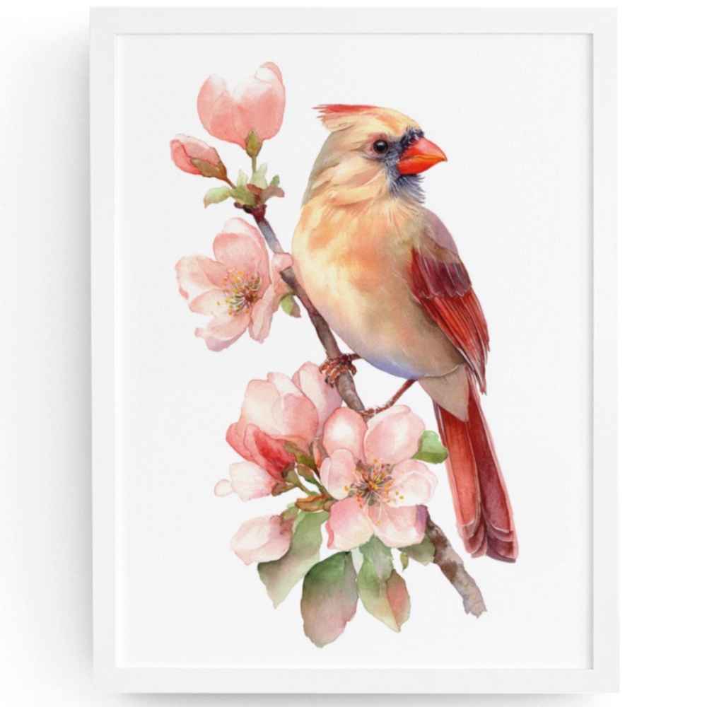 Watercolor Female Cardinal Bird with Flowers Wall Art Print Unframed
